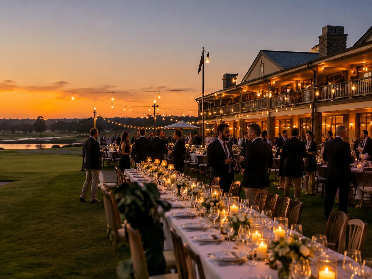 Gala dinner on the clubhouse lawn at dusk